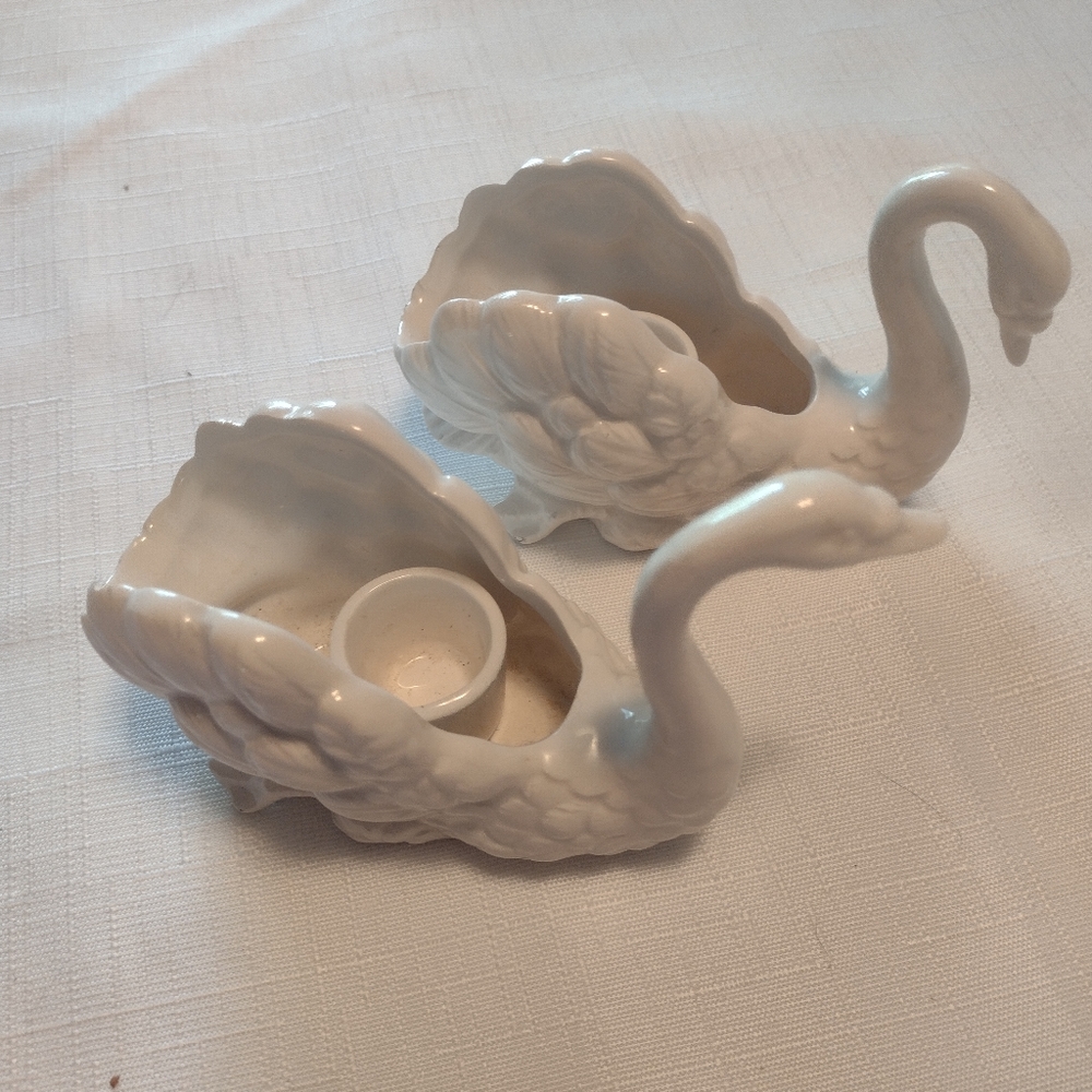 Vintage Fitz & Floyd White Swan Candle Holders (2) Ceramic